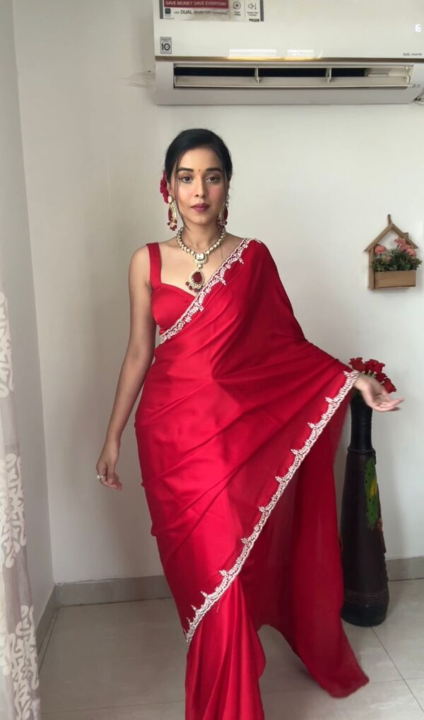 Diamond Hand Embroidery Red Saree