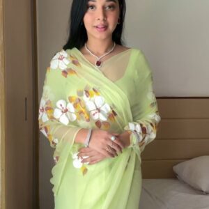 Unstitched Slime Green Chiffon Hand Painted Saree