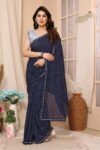 Navy Blue Polka Dot Saree with Gold Border