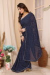 Navy Blue Polka Dot Saree with Gold Border