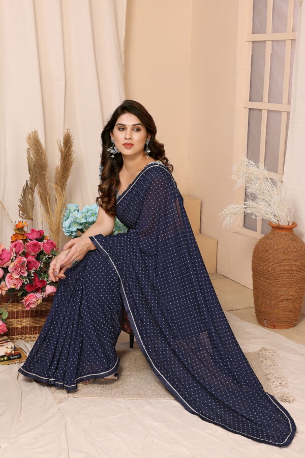 Navy Blue Polka Dot Saree with Gold Border