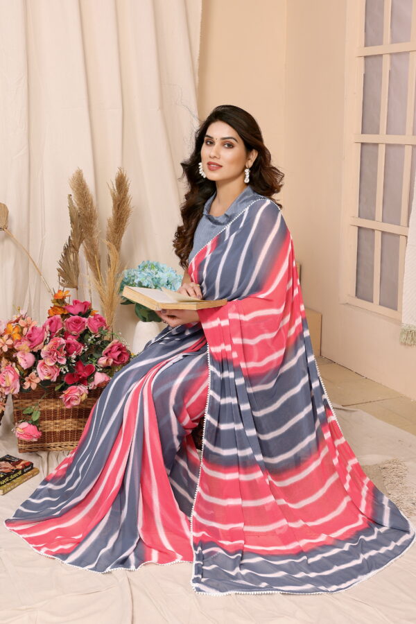 Pink and Cool Blue Striped Leriya Ready to Wear Saree